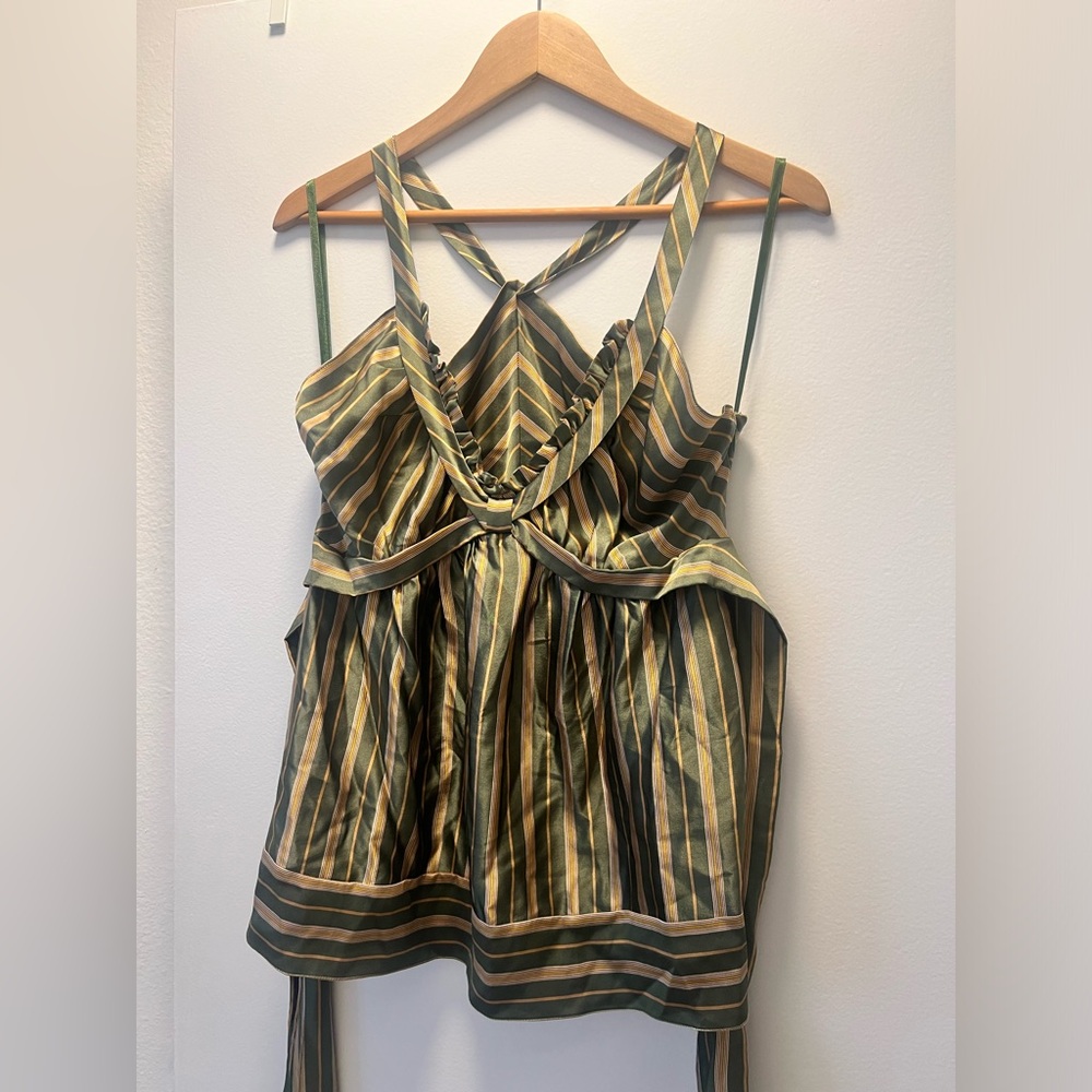 NWT BCBG Maxazria Silk Blouse, Striped Green, 100% Silk, Medium